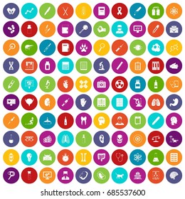 100 diagnostic icons set in different colors circle isolated vector illustration