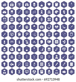 100 diagnostic icons set in purple hexagon isolated vector illustration