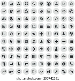 100 diagram icons, black on circle gray background 
