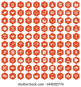 100 dialog icons set in orange hexagon isolated vector illustration