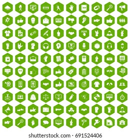 100 different gestures icons set in green hexagon isolated vector illustration