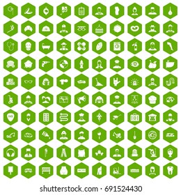 100 different professions icons set in green hexagon isolated vector illustration