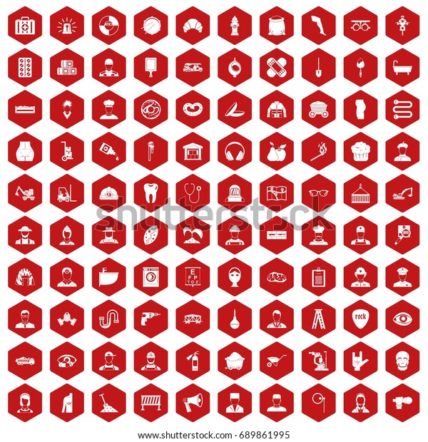 100 different professions icons set in red\
hexagon isolated vector\
illustration