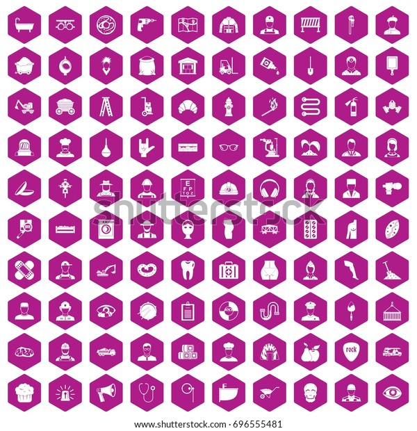 100 different professions icons set in\
violet hexagon isolated vector\
illustration