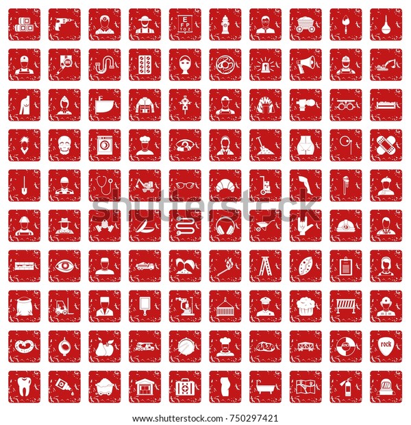 100 different\
professions icons set in grunge style red color isolated on white\
background vector\
illustration