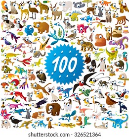 100 different vector bright color cartoon animals, dinosaurs and birds for children abc education or flash card mobile games or book illustration