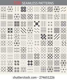100 different vector seamless patterns. Endless texture can be used for wallpaper, pattern fills, web page background,surface textures. Set of monochrome geometric ornaments.