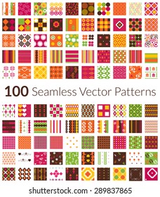 100 different vector seamless patterns with swatch. Endless texture can be used for wallpaper, web page background, surface textures, textile.