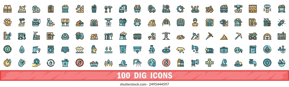 100 dig icons set. Color line set of dig vector icons thin line color flat on white