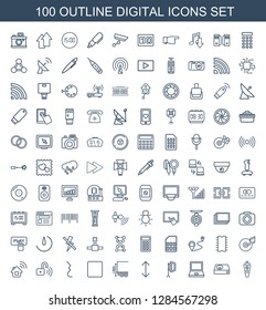 100 digital icons. Trendy digital icons white background. Included outline icons such as remote control, dvd player, laptop, soft box, arrow. digital icon for web and mobile.