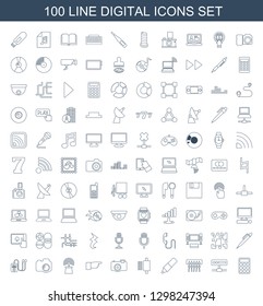 100 digital icons. Trendy digital icons white background. Included line icons such as calculator, camera, spu, pen, pointing, signal, mp player. digital icon for web and mobile.
