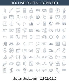 100 digital icons. Trendy digital icons white background. Included line icons such as barcode, finger on display, laptop with heart, Security camera. digital icon for web and mobile.