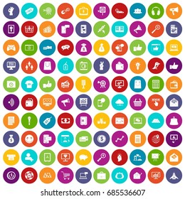 100 digital marketing icons set in different colors circle isolated vector illustration