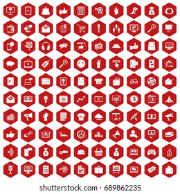 100 digital marketing icons set in red hexagon isolated vector illustration