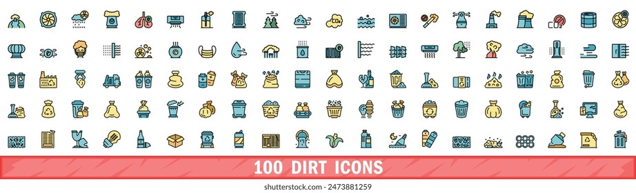 100 dirt icons set. Color line set of dirt vector icons thin line color flat on white