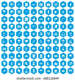 100 disaster icons set in blue hexagon isolated vector illustration