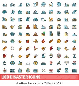 100 disaster icons set. Color line set of disaster vector icons thin line color flat on white