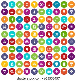 100 disaster icons set in different colors circle isolated vector illustration