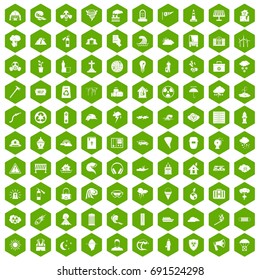 100 disaster icons set in green hexagon isolated vector illustration