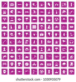 100 disaster icons set in grunge style pink color isolated on white background vector illustration