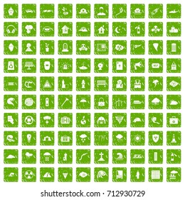 100 disaster icons set in grunge style green color isolated on white background vector illustration