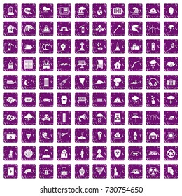 100 disaster icons set in grunge style purple color isolated on white background vector illustration