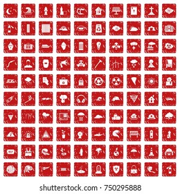 100 disaster icons set in grunge style red color isolated on white background vector illustration