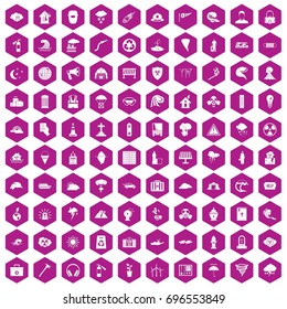 100 disaster icons set in violet hexagon isolated vector illustration