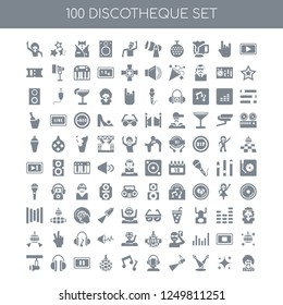 100 discotheque universal icons pack with Play button, Sparkle, Dance floor, Spotlight, DJ, Music note, Mirror ball, Pause, Headphones, Spotlight