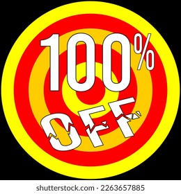 100% de descuento, objetivo en rojo y amarillo sobre fondo negro.