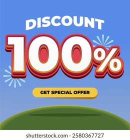 100% Discount Promotional Banner with 3D Text, Fireworks, Blue Gradient Background, and a Special Offer Button on a Green Hill with Eye catching Sale Advertisement Design