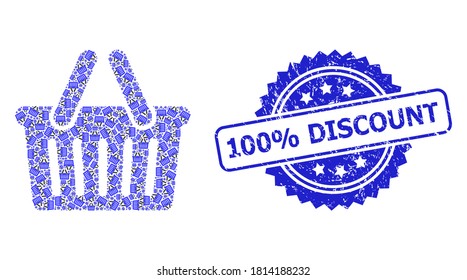 100% Discount unclean seal print and vector fractal mosaic shopping basket. Blue stamp seal includes 100% Discount tag inside rosette.