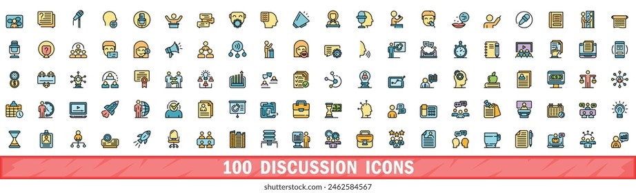100 discussion icons set. Color line set of discussion vector icons thin line color flat on white