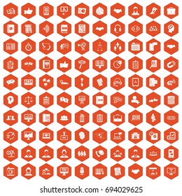 100 discussion icons set in orange hexagon isolated vector illustration