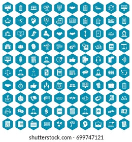 100 discussion icons set in sapphirine hexagon isolated vector illustration