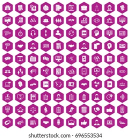 100 discussion icons set in violet hexagon isolated vector illustration