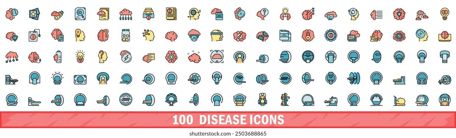 100 disease icons set. Color line set of disease vector icons thin line color flat on white