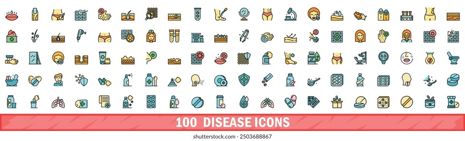 Conjunto de 100 iconos de enfermedades. Línea de color conjunto de iconos de vector de enfermedad línea delgada color plano sobre blanco