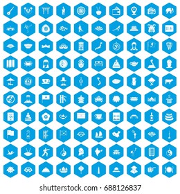 100 dish icons set in blue hexagon isolated vector illustration