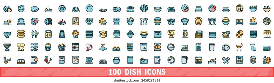 100 dish icons set. Color line set of dish vector icons thin line color flat on white