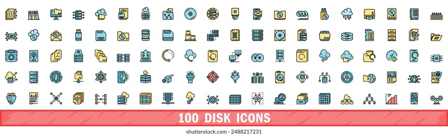 100 disk icons set. Color line set of disk vector icons thin line color flat on white