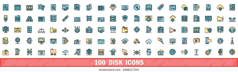 100 disk icons set. Color line set of disk vector icons thin line color flat on white