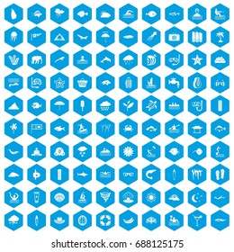 100 diving icons set in blue hexagon isolated vector illustration
