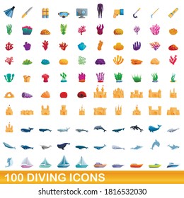 100 diving icons set. Cartoon illustration of 100 diving icons vector set isolated on white background