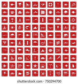 100 diving icons set in grunge style red color isolated on white background vector illustration