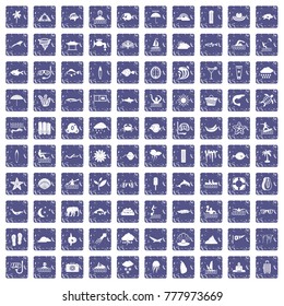 100 diving icons set in grunge style sapphire color isolated on white background vector illustration