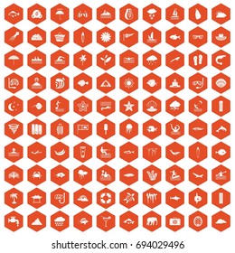100 diving icons set in orange hexagon isolated vector illustration