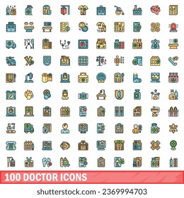 100 íconos médicos. Conjunto de líneas de color de iconos vectoriales médicos color de línea delgada plano sobre blanco