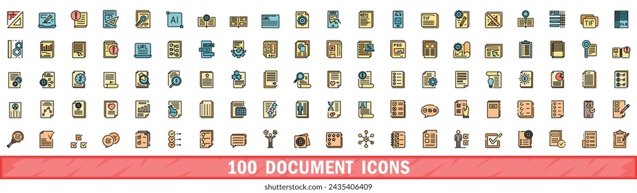 100 iconos de documento establecidos. Conjunto de línea de color de iconos vectoriales de documento línea fina de color plana en blanco