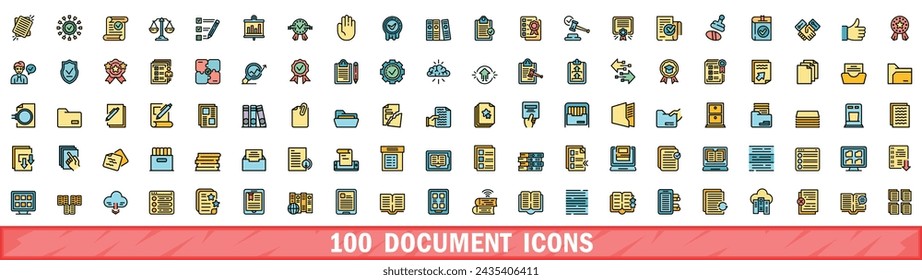 100 iconos de documento establecidos. Conjunto de línea de color de iconos vectoriales de documento línea fina de color plana en blanco